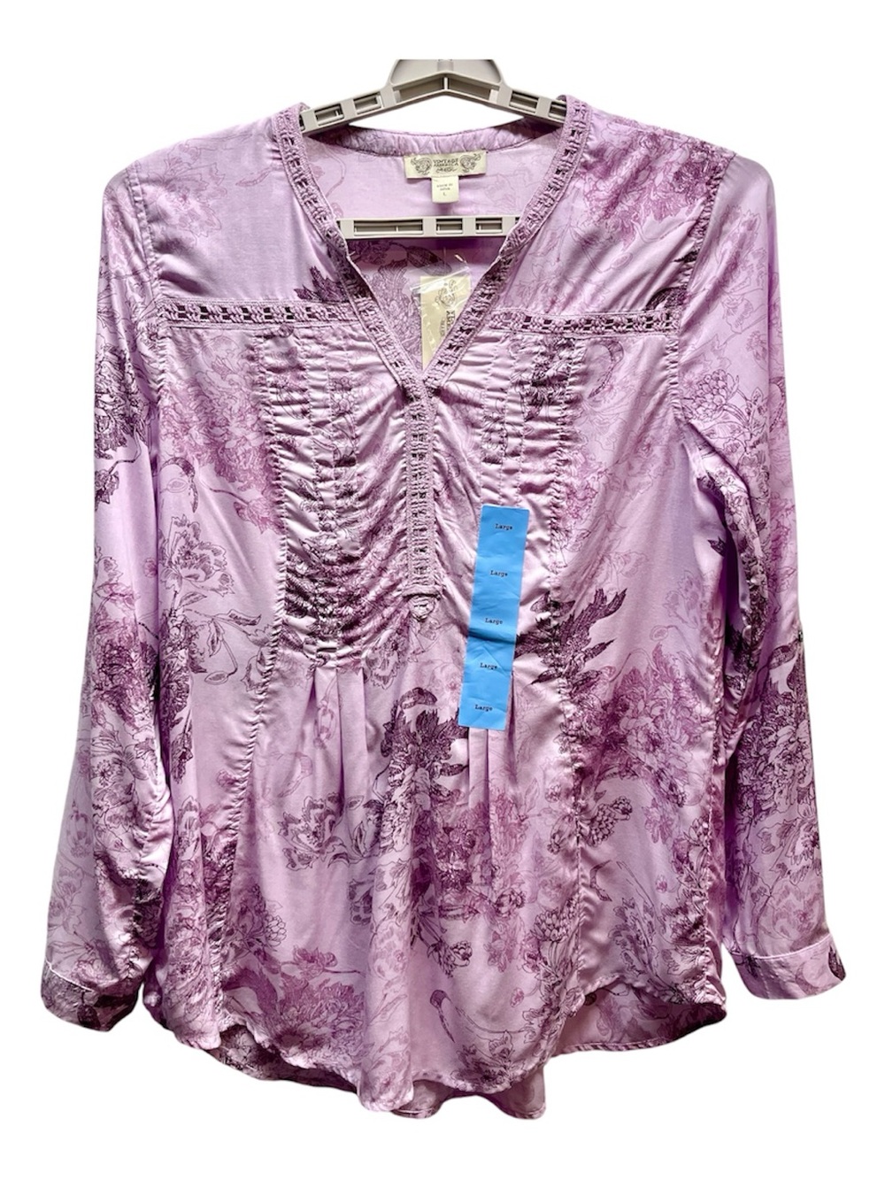Vintage America Woman’s Size L Pastel Purple Floral Bohemian Blouse Crochet Lace